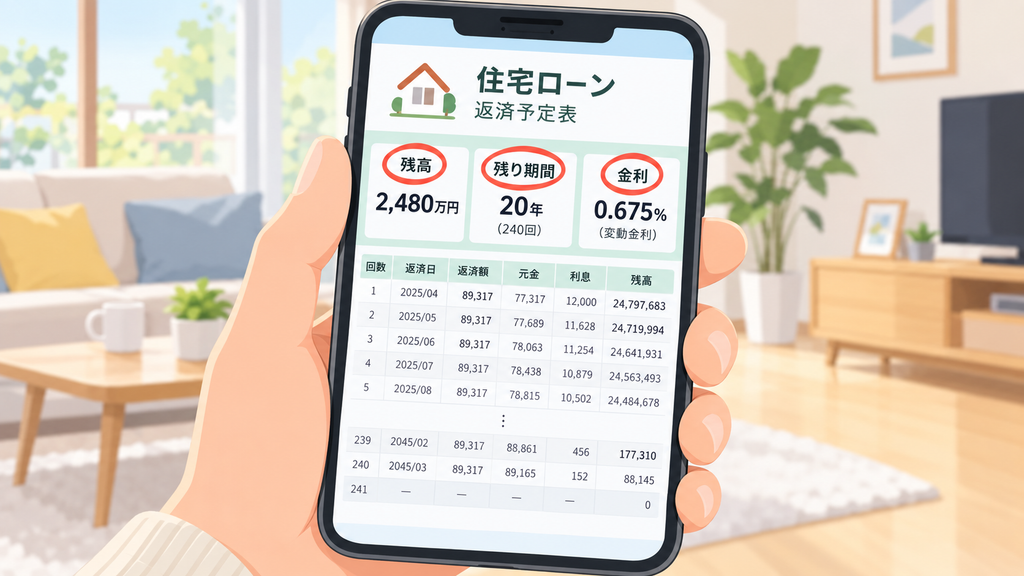 返済予定表で残高・残り回数・適用金利の3つを確認する