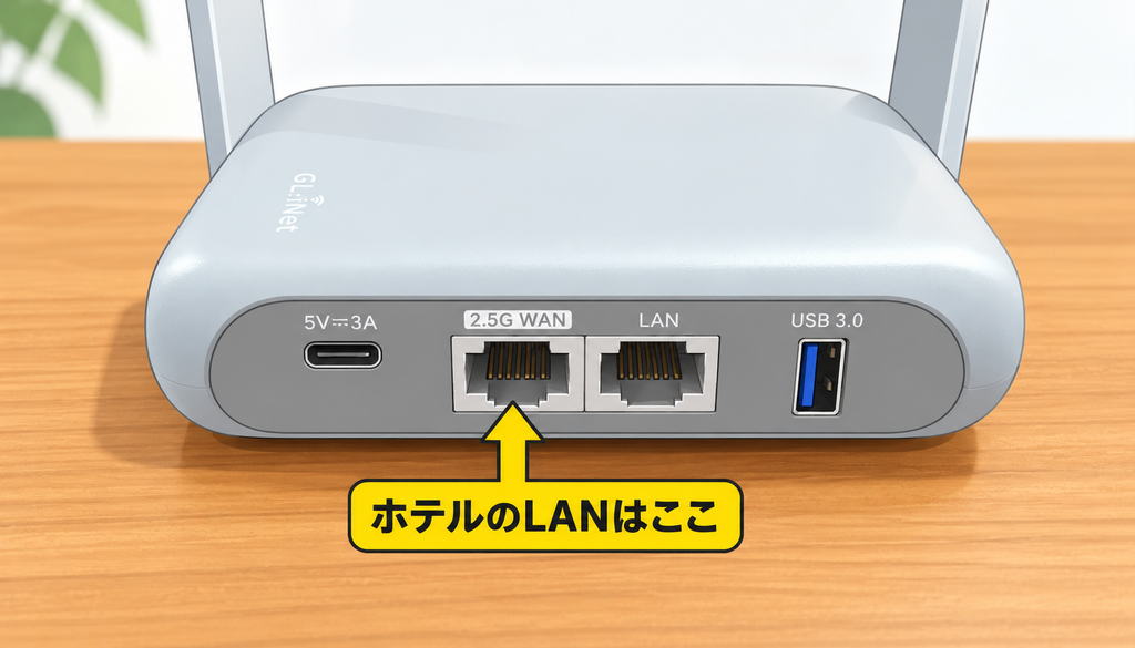  GL-MT3000の背面とホテルのLANを挿すWANポート