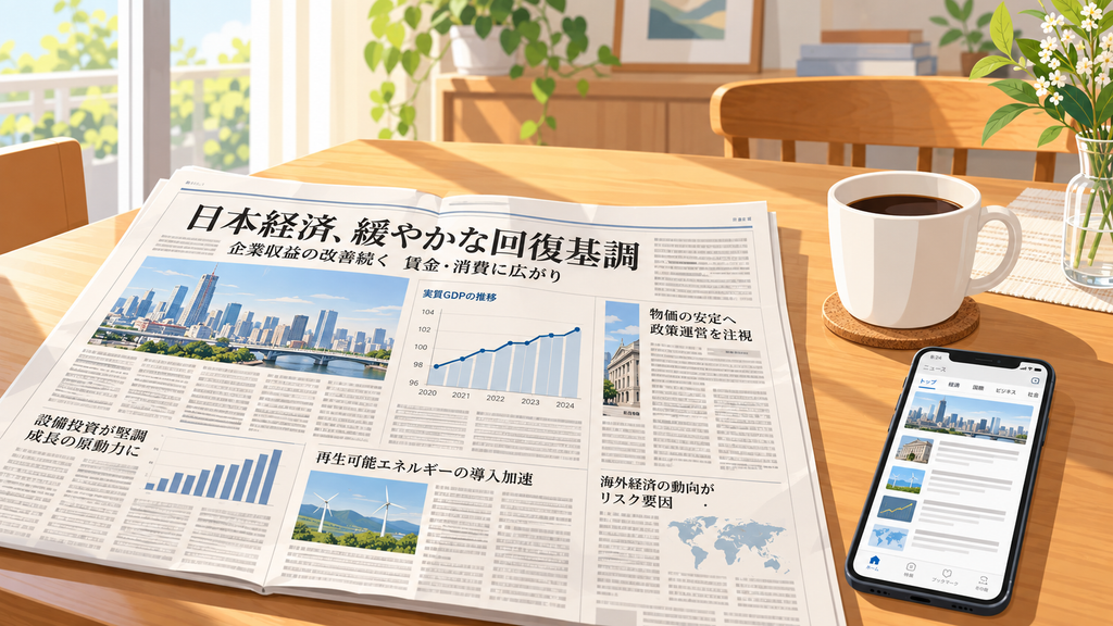 日経新聞の紙面と電子版アプリを並べた朝の食卓