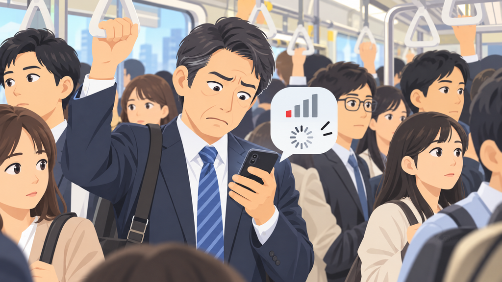 朝の通勤電車でスマホの通信速度を確かめる様子