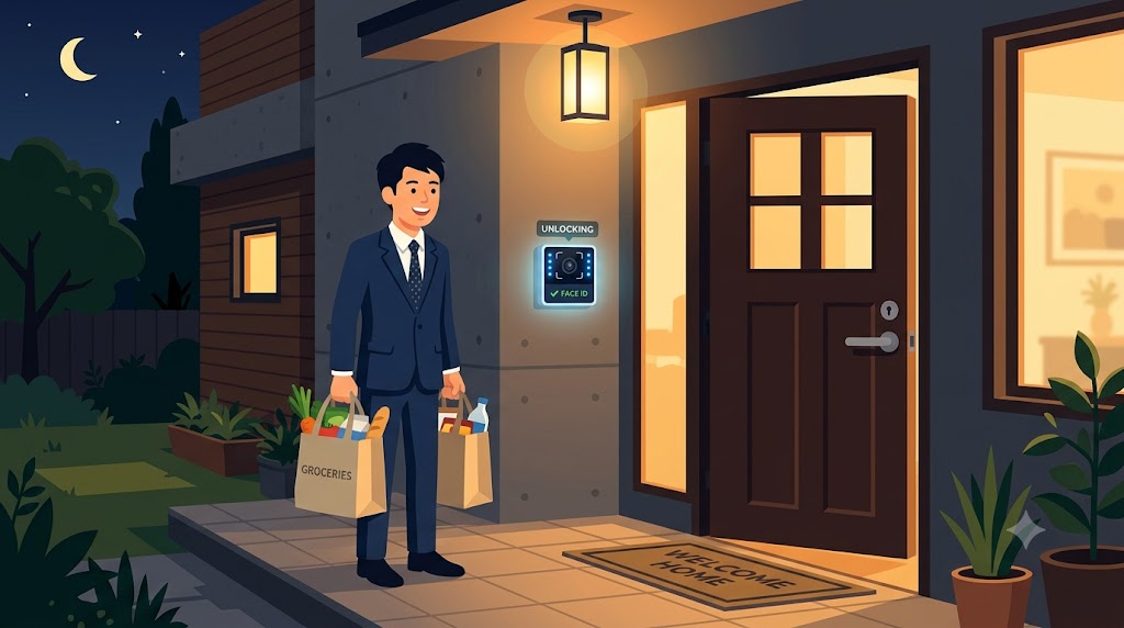 荷物で両手が塞がったまま玄関を解錠する様子