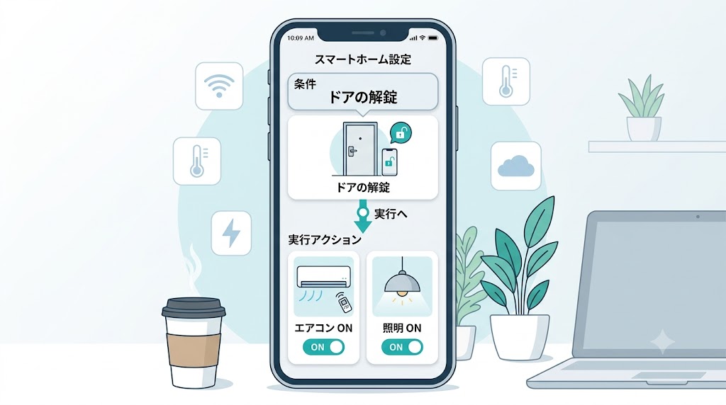 解錠でエアコンをつけるSwitchBotのシーン設定画面