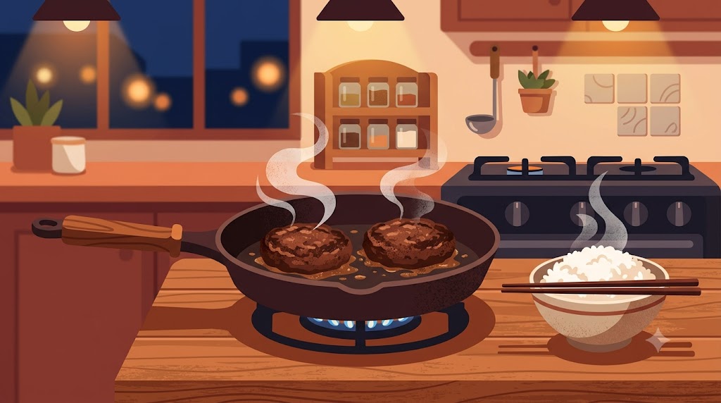 ふるさと納税の冷凍ハンバーグを焼いた夕食