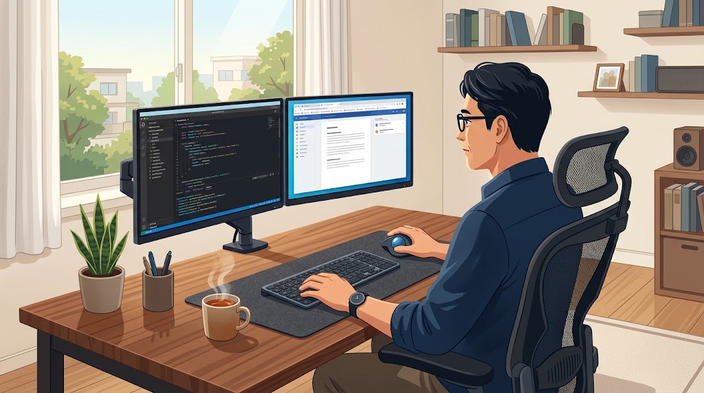 デスクワーク効率化ガジェット3点を並べた作業机