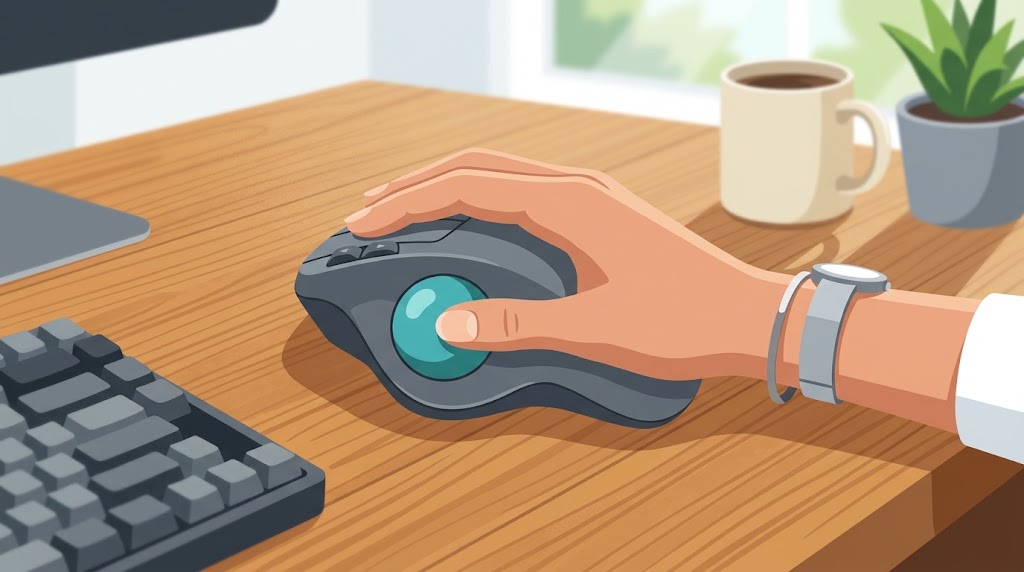 傾斜させたMX ERGO Sを親指で操作しているところ