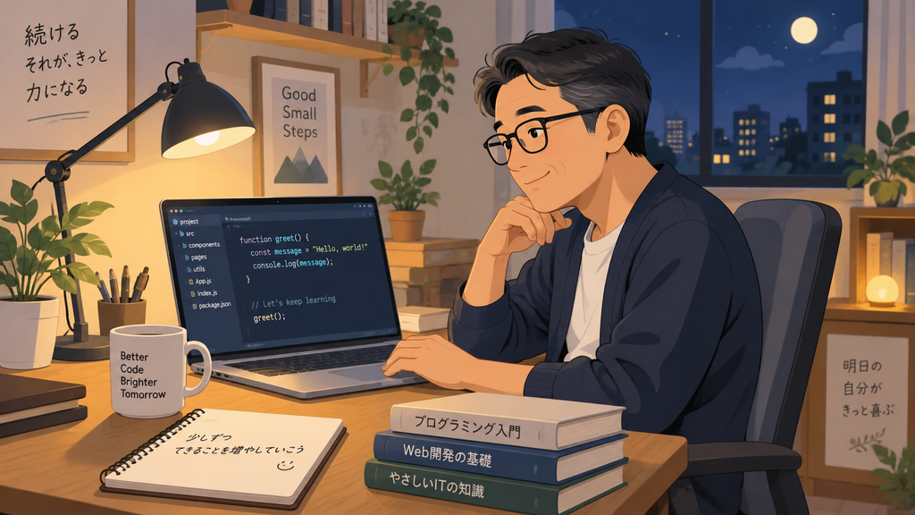 40代会社員が自宅のノートPCでプログラミングを学ぶ様子