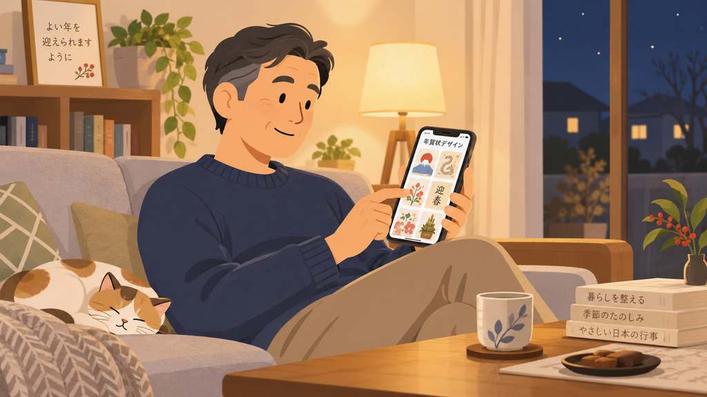 夜の自宅でスマホから年賀状をネット注文する様子
