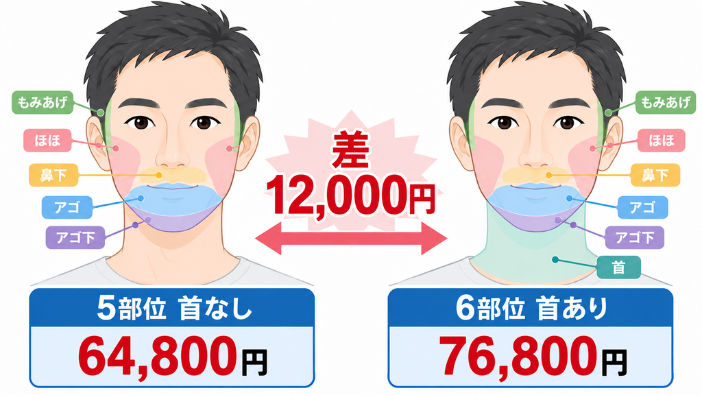 ヒゲ脱毛5部位と6部位の違い。首を含めると差額12,000円
