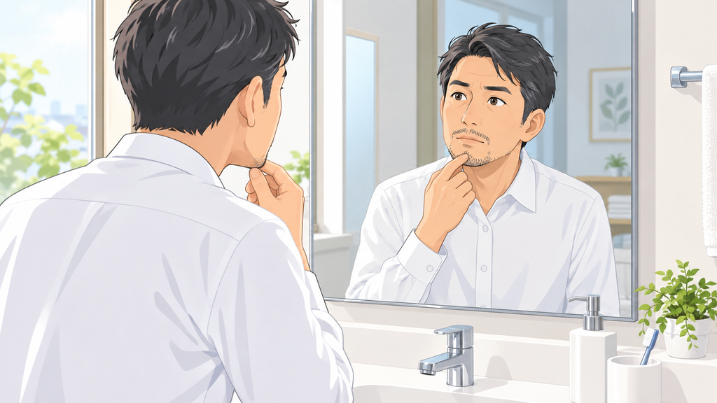 洗面台の鏡の前でヒゲを気にする40代の会社員男性